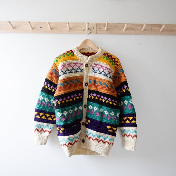 Hand Crafted Sweaters - Hand Crafted Cream Multicolor Fair Isle Wool Cardigan